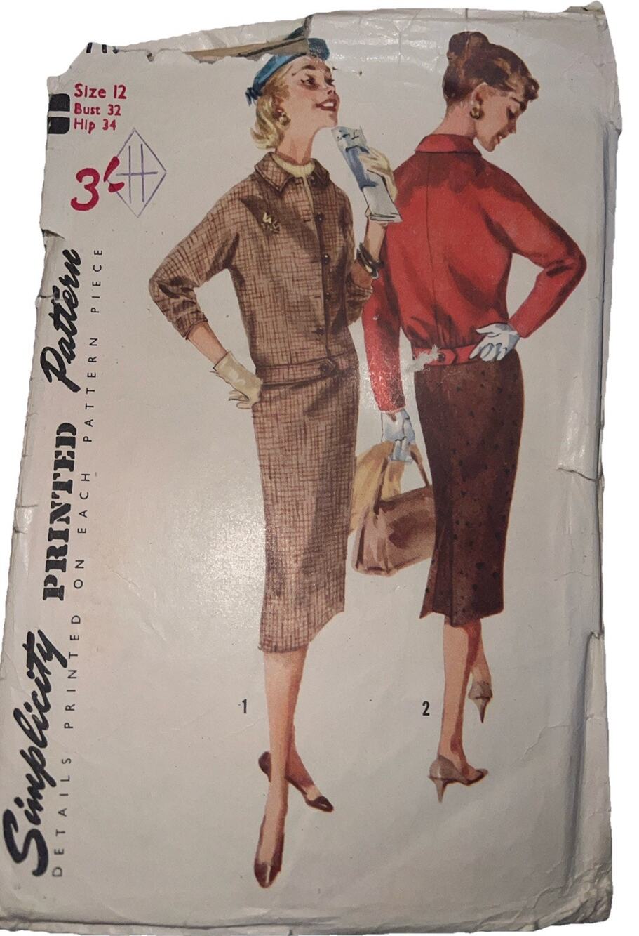 Vintage 1940s Simplicity 1719 Two Piece Skirt Suit Jacket Sewing Pattern 12 CUT